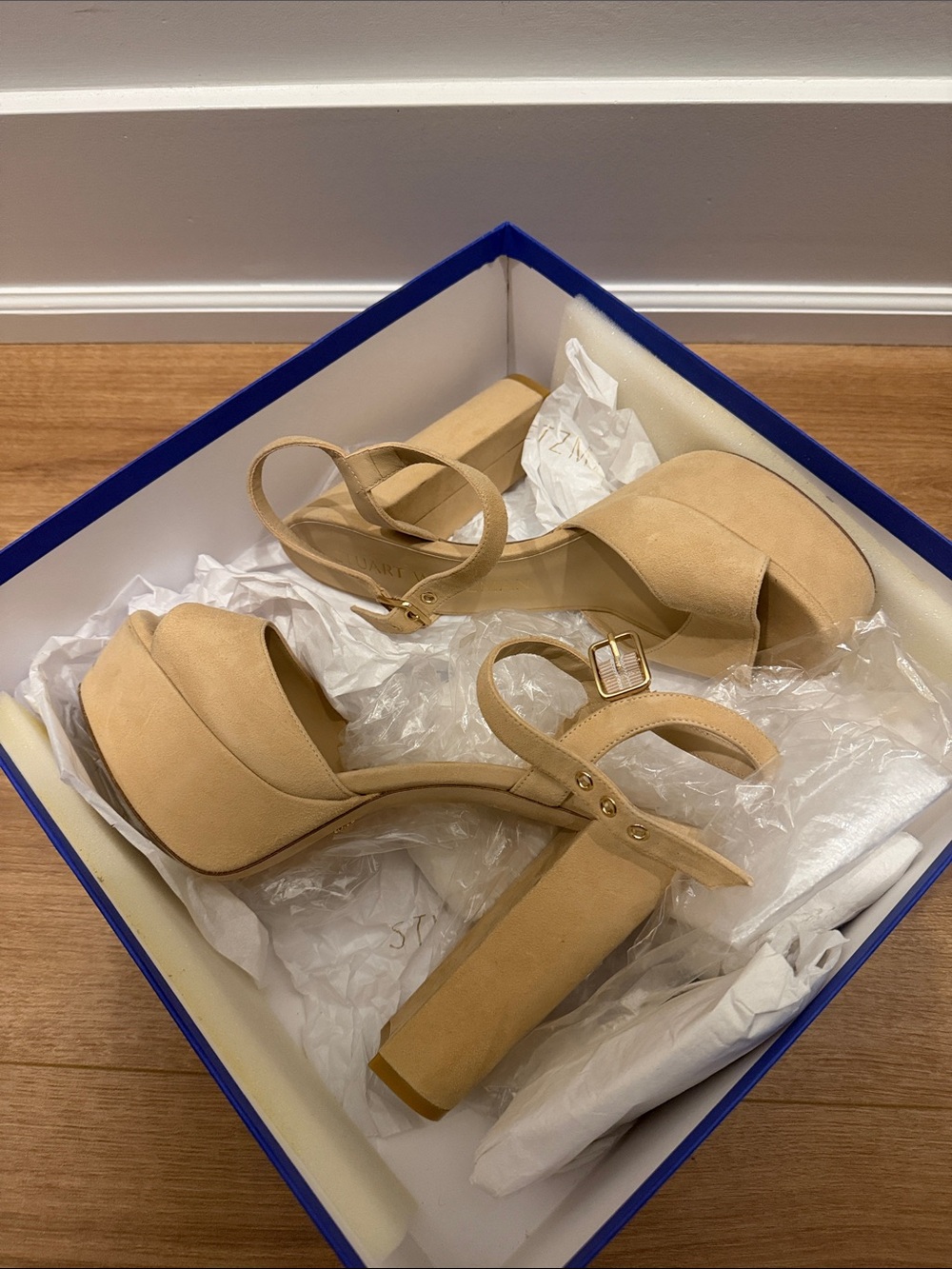Stuart Weitzman Nude Tan Platform Block Heel Sandals
